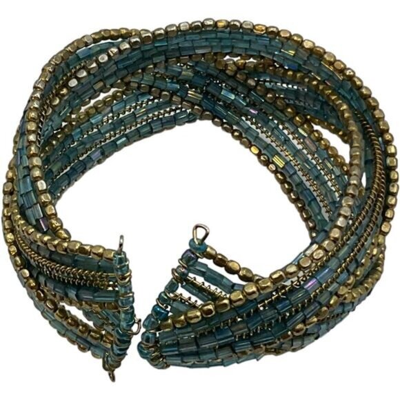Beaded Cuff Bracelet 6.5" With Blue & Gold Sea Beads - Picture 6 of 7